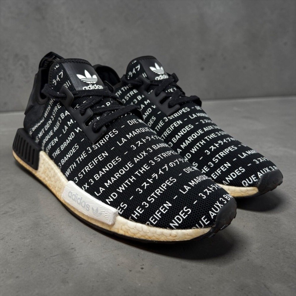 Adidas NMD R1 Shoes Mens 12 Black 3 Stripes Sneakers Multilingual Text S76519